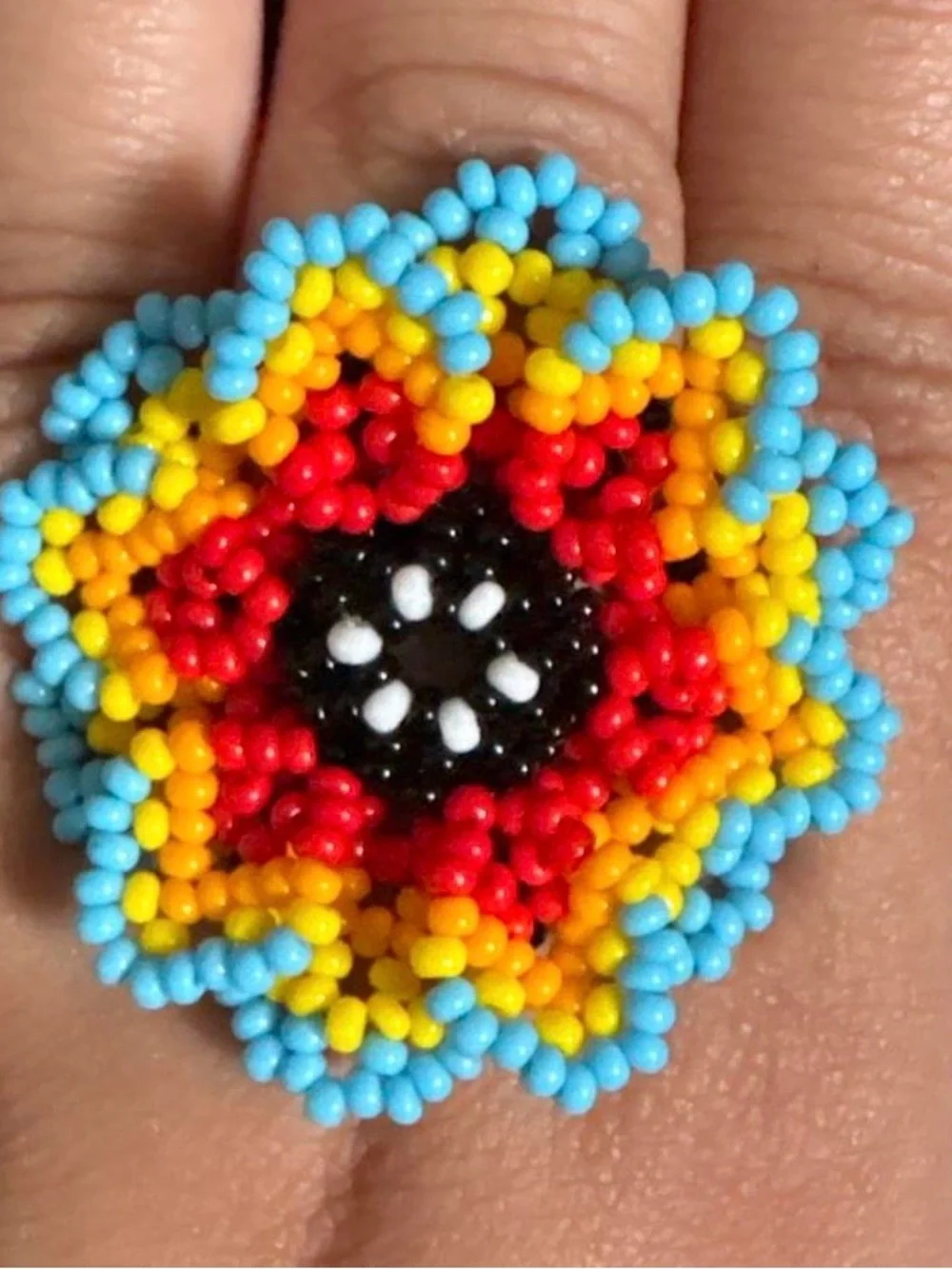 Handmade Multicolor Beaded Flower Brooch - Blue, Yellow & Red